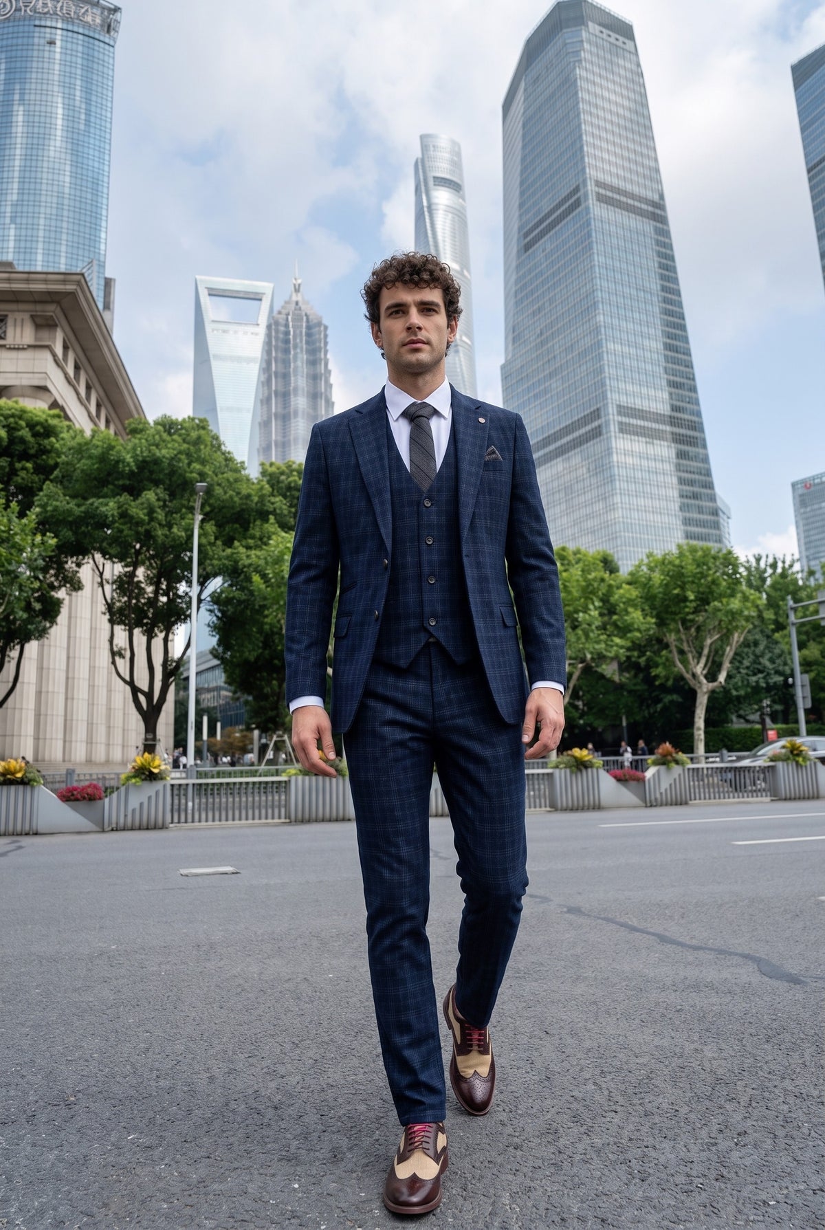 Look #570 styled with Marcos - Traje de tres piezas para hombre, a cuadros azul marino, corte ajustado