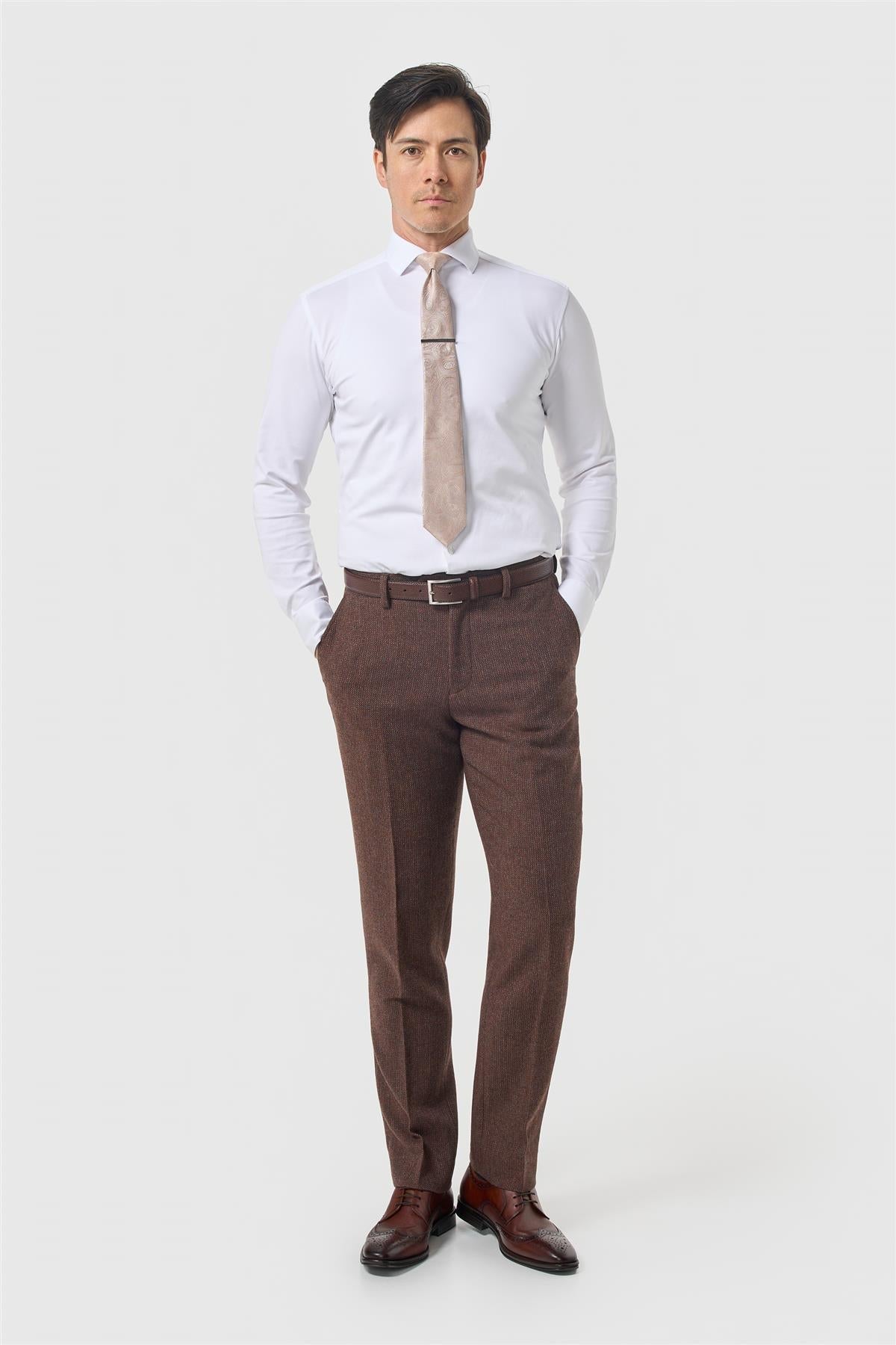 Thomas - Pantalones de hombre de tweed de espiga de mezcla de lana marrón