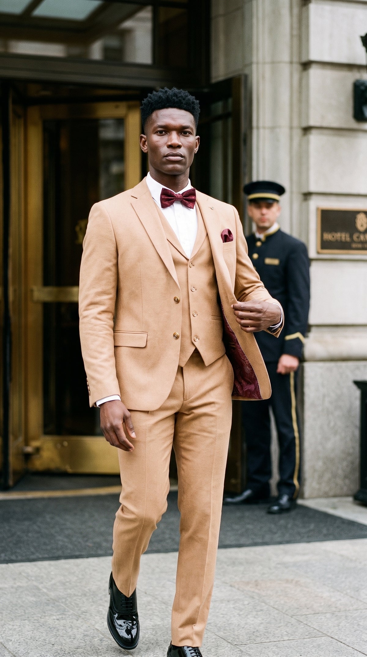 Look #644 styled with TP-23 - Traje de boda de verano de lino de 3 piezas para hombre, color camel