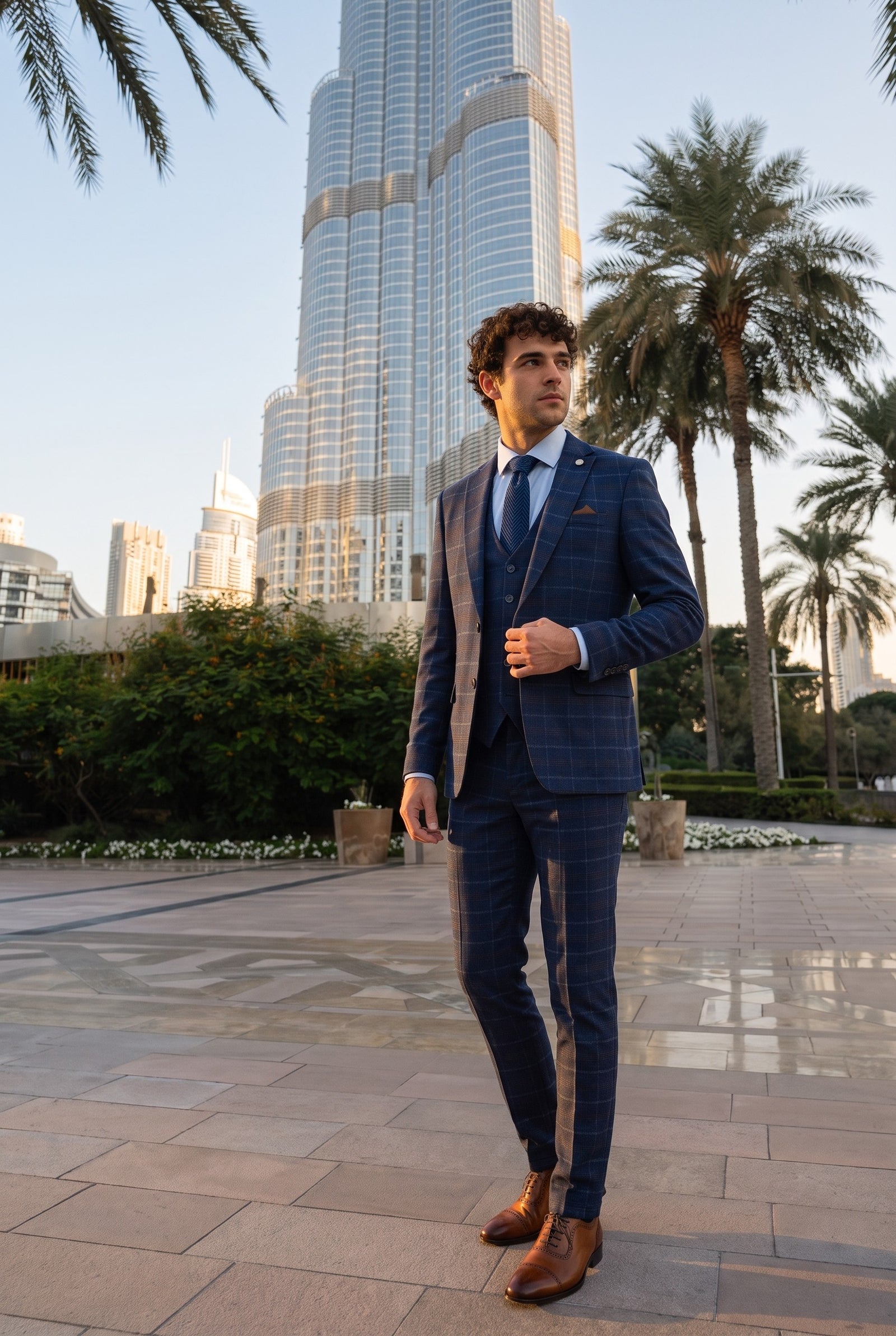 Look #978 styled with Traje de tres piezas a cuadros azul marino para hombre - Paul Andrew Kenneth