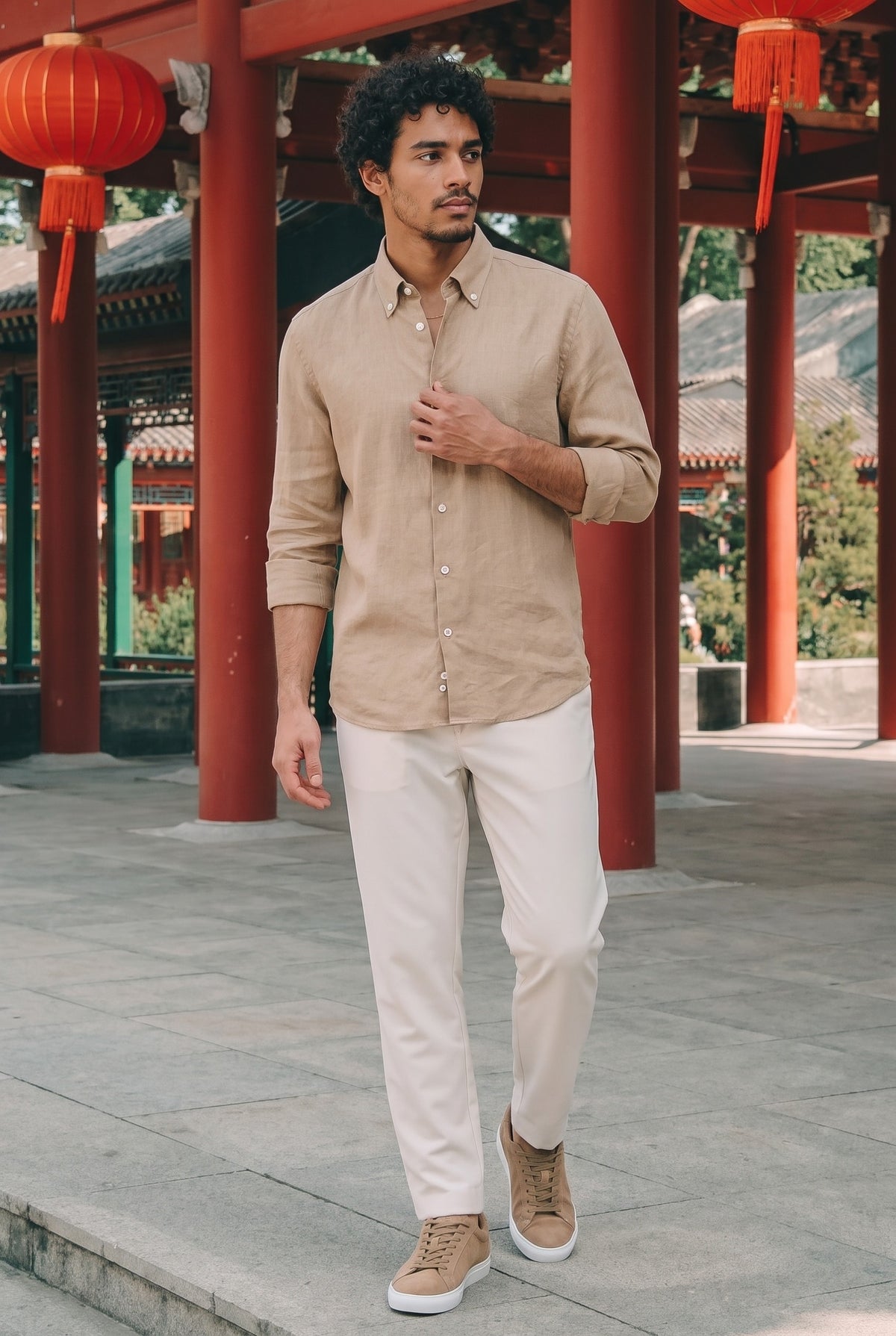 Look #890 styled with Camisa de hombre de lino puro color marrón camel, manga larga, con botones, ideal para el verano.