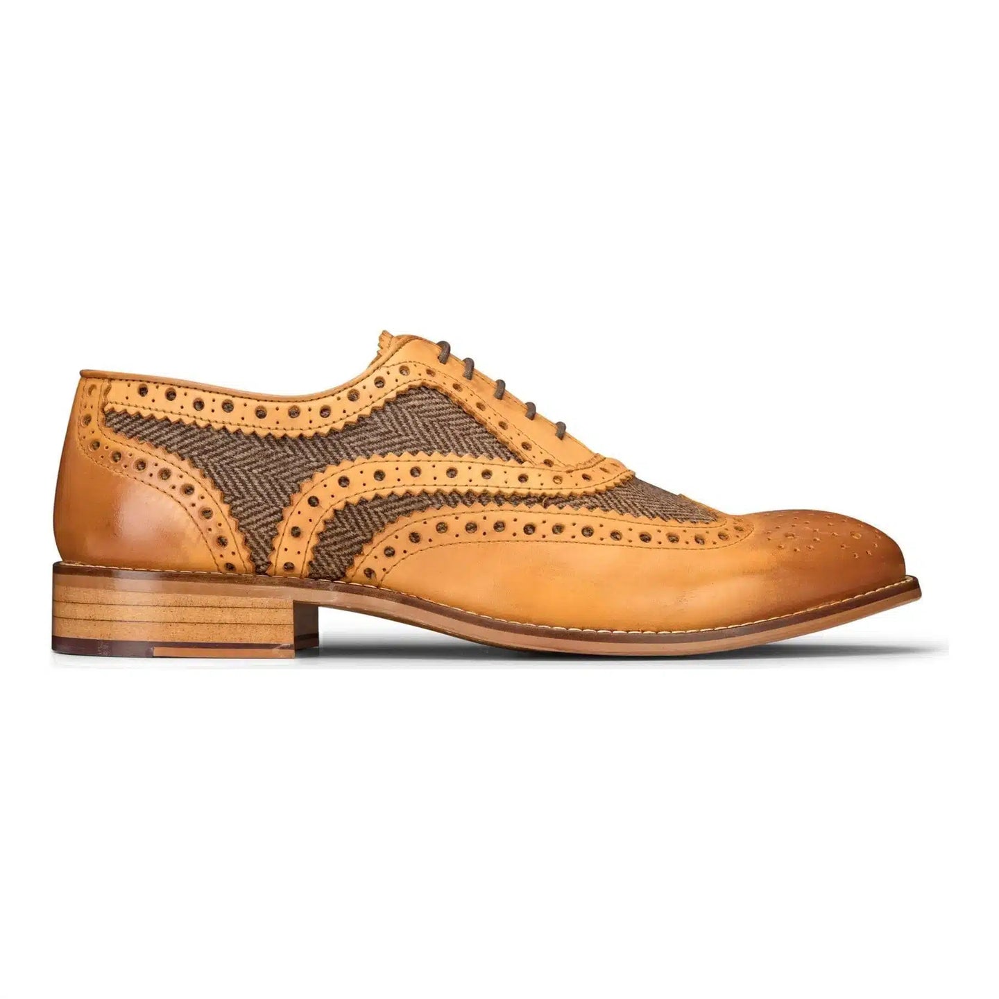 Zapatos Gatsby de hombre, de cuero color oliva y tweed marrón claro, estilo vintage, ideales para bodas y oficinas.