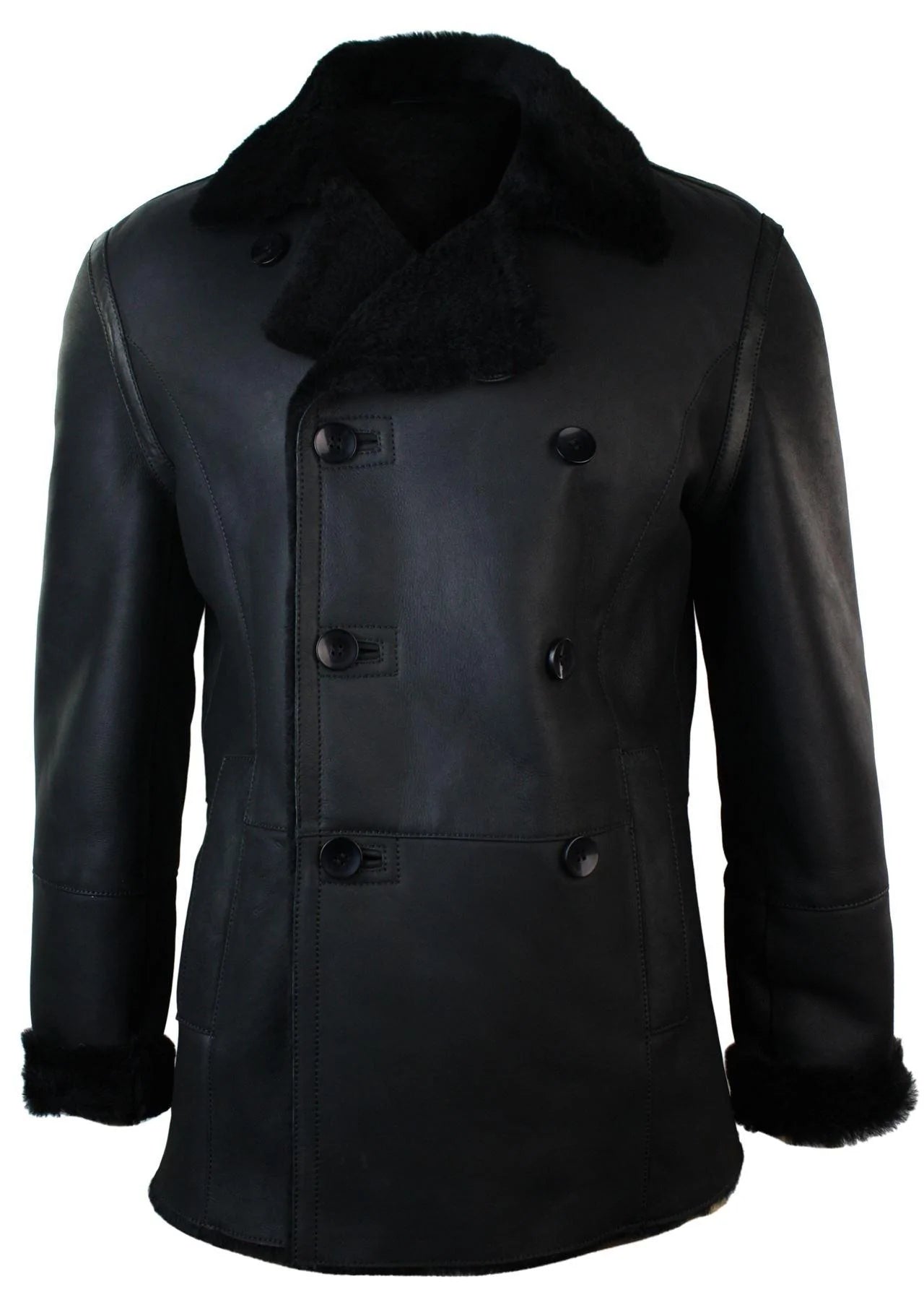 Chaqueta cruzada de piel de oveja auténtica de la Marina Real Alemana para hombre, color negro, entallada.