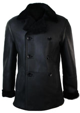Chaqueta cruzada de piel de oveja auténtica de la Marina Real Alemana para hombre, color negro, entallada.