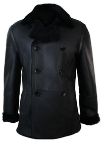 Chaqueta cruzada de piel de oveja auténtica de la Marina Real Alemana para hombre, color negro, entallada.