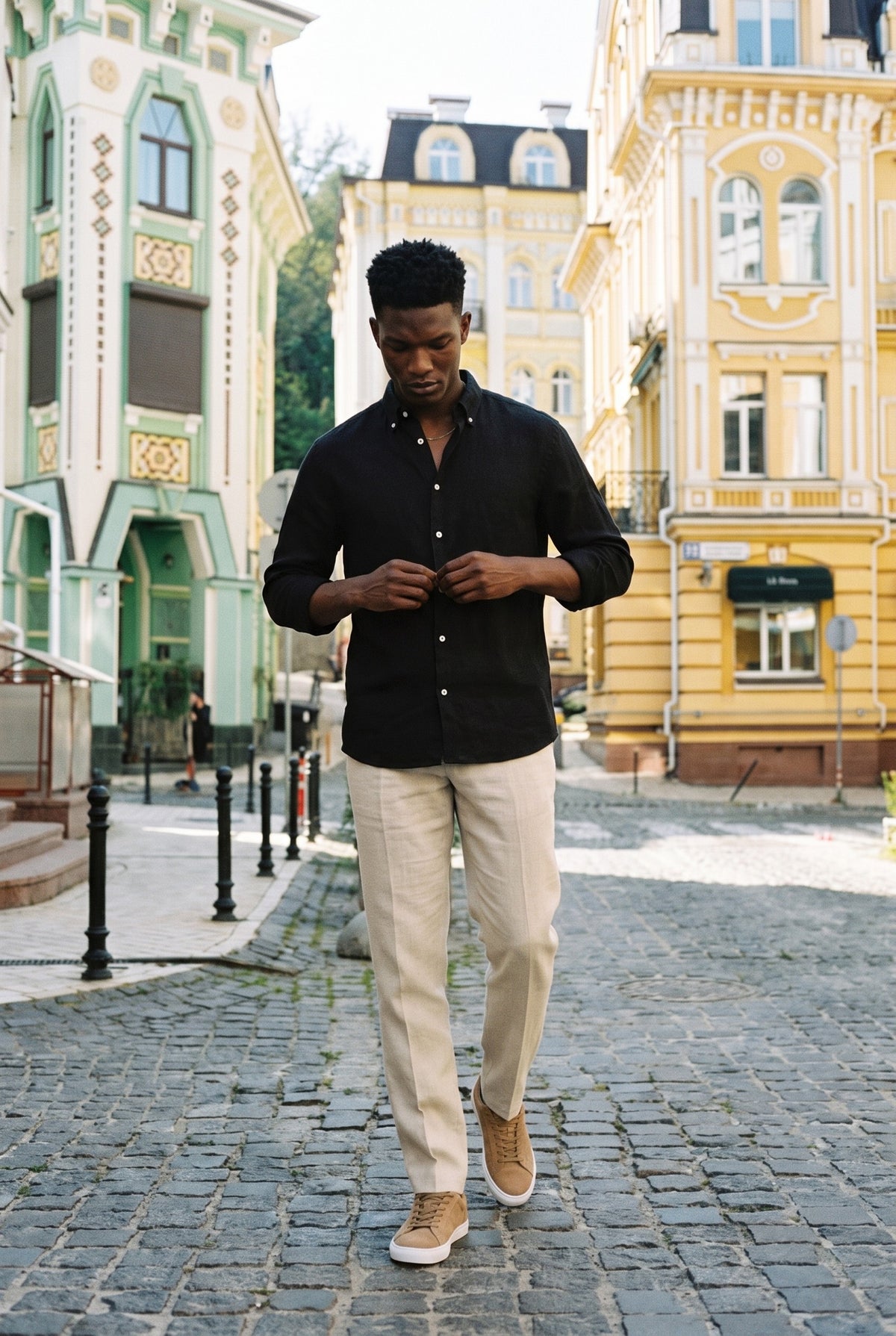 Look #1015 styled with Camisa de hombre negra de lino puro, manga larga, con botones, ideal para el verano.