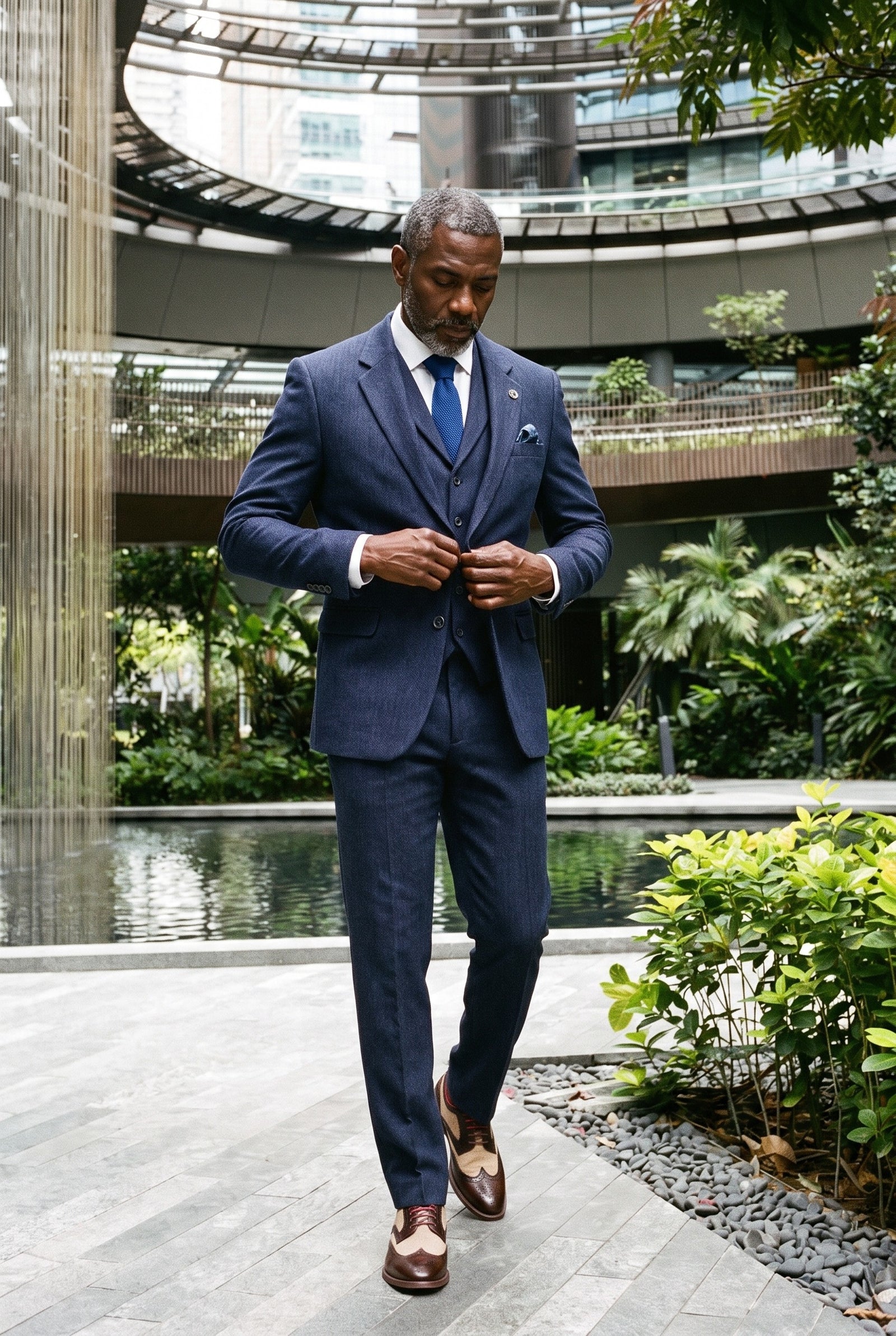 Look #988 styled with Traje de tres piezas para hombre de tweed azul marino con estampado de espiga.