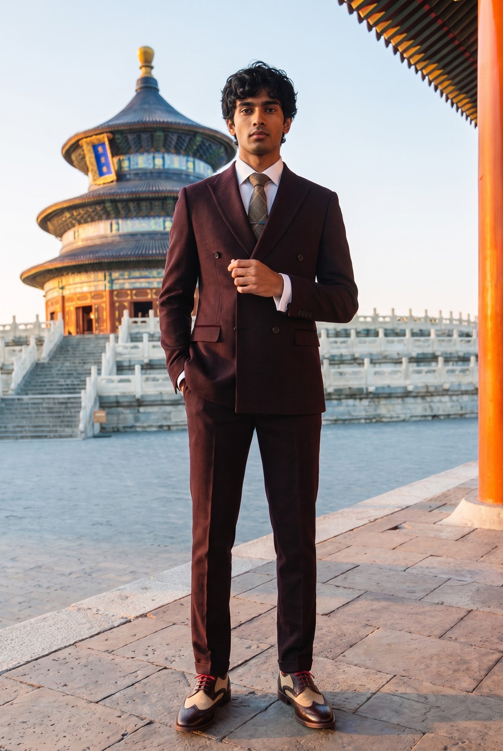 Look #641 styled with Regent - Traje cruzado de dos piezas color burdeos para hombre