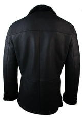 Chaqueta cruzada de piel de oveja auténtica de la Marina Real Alemana para hombre, color negro, entallada.