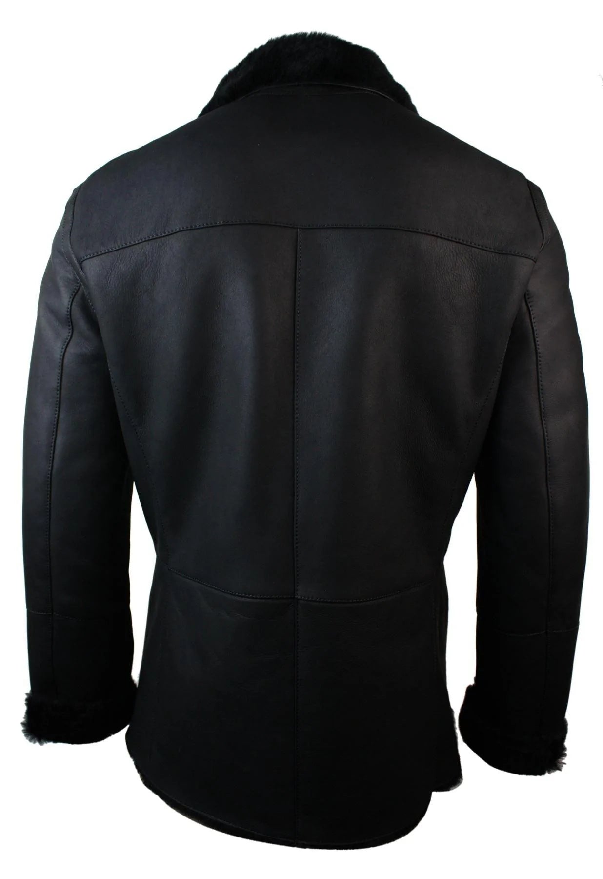 Chaqueta cruzada de piel de oveja auténtica de la Marina Real Alemana para hombre, color negro, entallada.