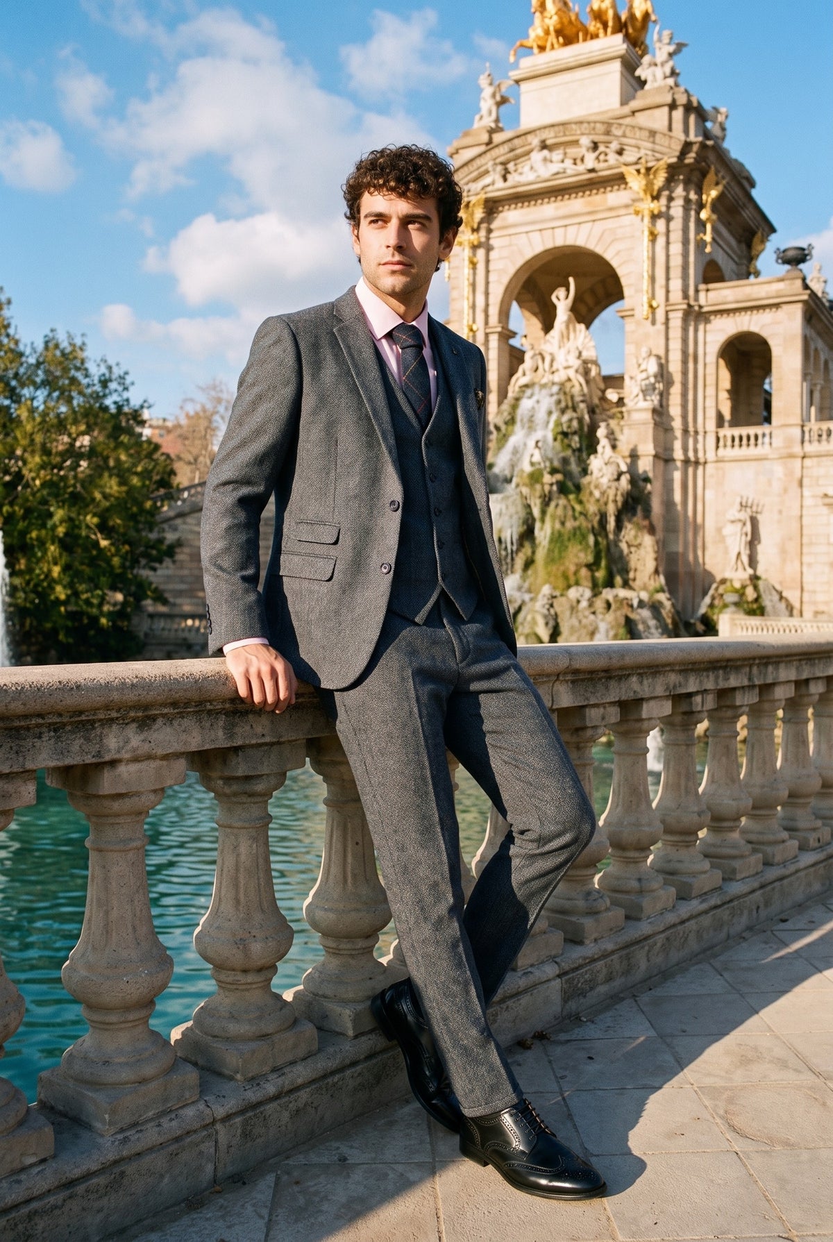 Look #955 styled with Thomas - Traje de tres piezas de tweed de mezcla de lana azul marino para hombre