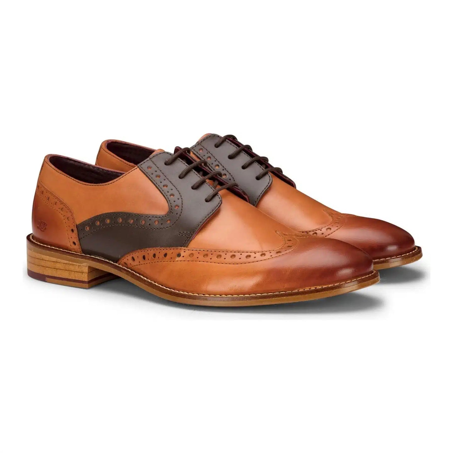 Zapatos brogue de hombre en tonos marrón claro, azul marino y rojo, con cordones, estilo clásico vintage formal, de cuero auténtico.