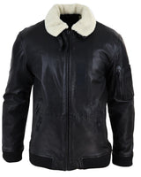 Chaqueta bomber de cuero negro para hombre con cuello blanco