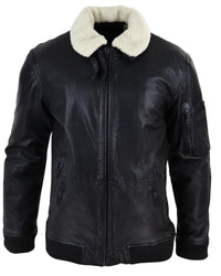 Chaqueta bomber de cuero negro para hombre con cuello blanco