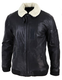 Chaqueta bomber de cuero negro para hombre con cuello blanco
