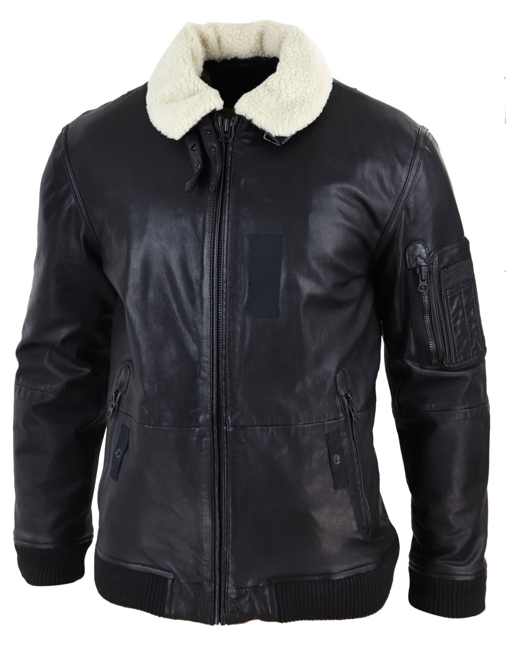 Chaqueta bomber de cuero negro para hombre con cuello blanco