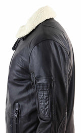 Chaqueta bomber de cuero negro para hombre con cuello blanco