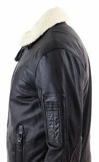 Chaqueta bomber de cuero negro para hombre con cuello blanco