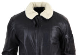 Chaqueta bomber de cuero negro para hombre con cuello blanco