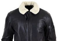 Chaqueta bomber de cuero negro para hombre con cuello blanco