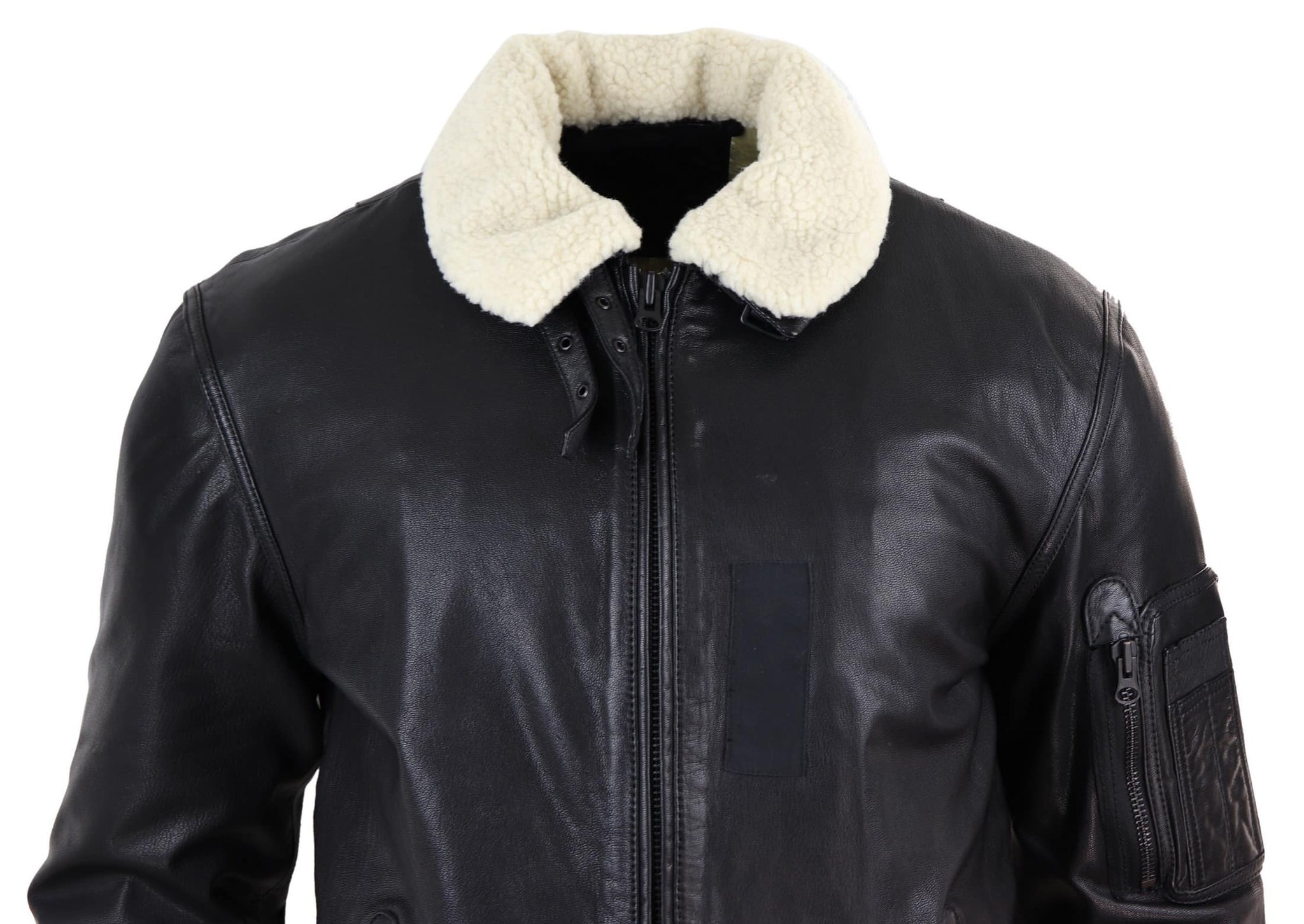 Chaqueta bomber de cuero negro para hombre con cuello blanco