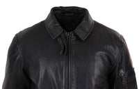 Chaqueta bomber de cuero negro para hombre con cuello blanco