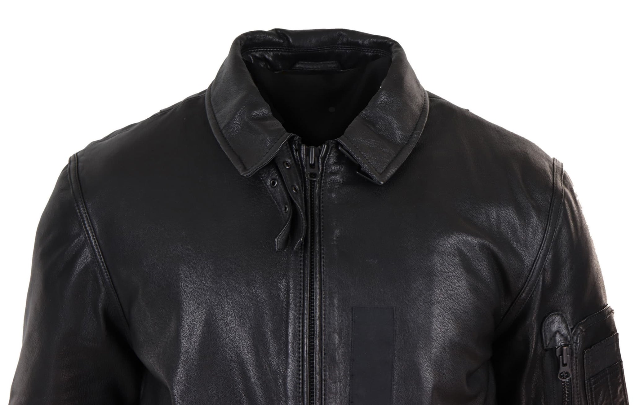Chaqueta bomber de cuero negro para hombre con cuello blanco