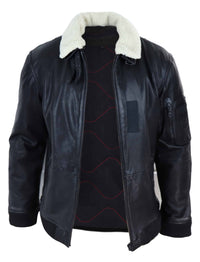Chaqueta bomber de cuero negro para hombre con cuello blanco