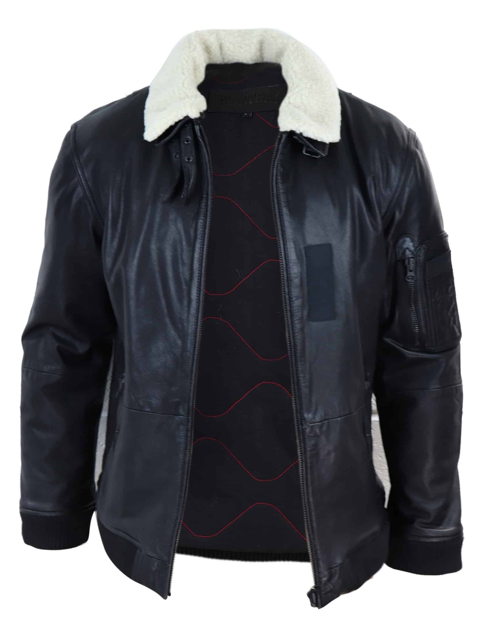 Chaqueta bomber de cuero negro para hombre con cuello blanco