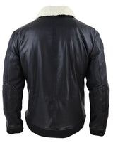 Chaqueta bomber de cuero negro para hombre con cuello blanco