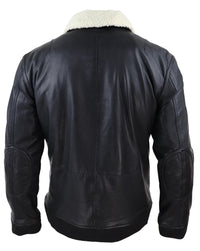 Chaqueta bomber de cuero negro para hombre con cuello blanco