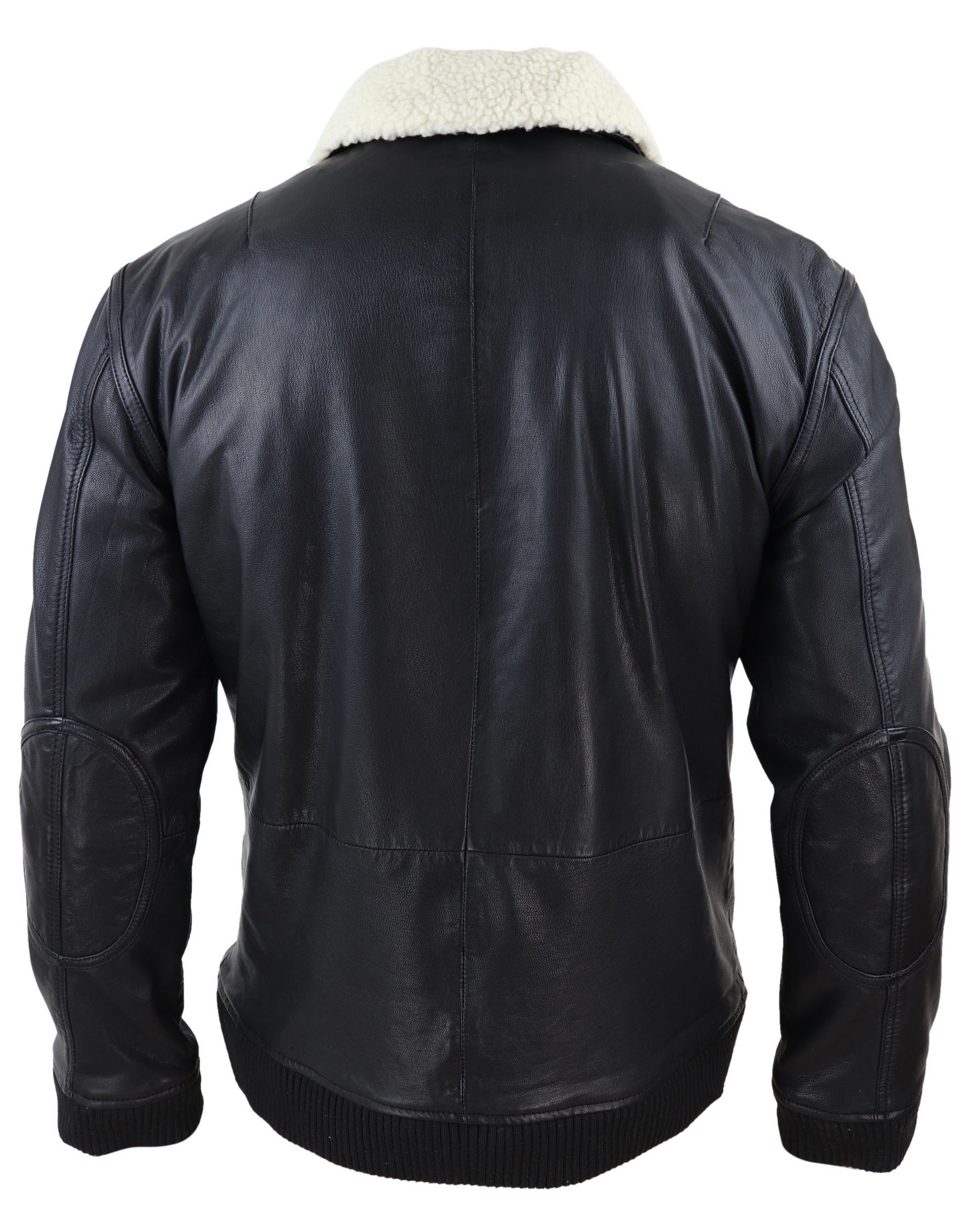 Chaqueta bomber de cuero negro para hombre con cuello blanco