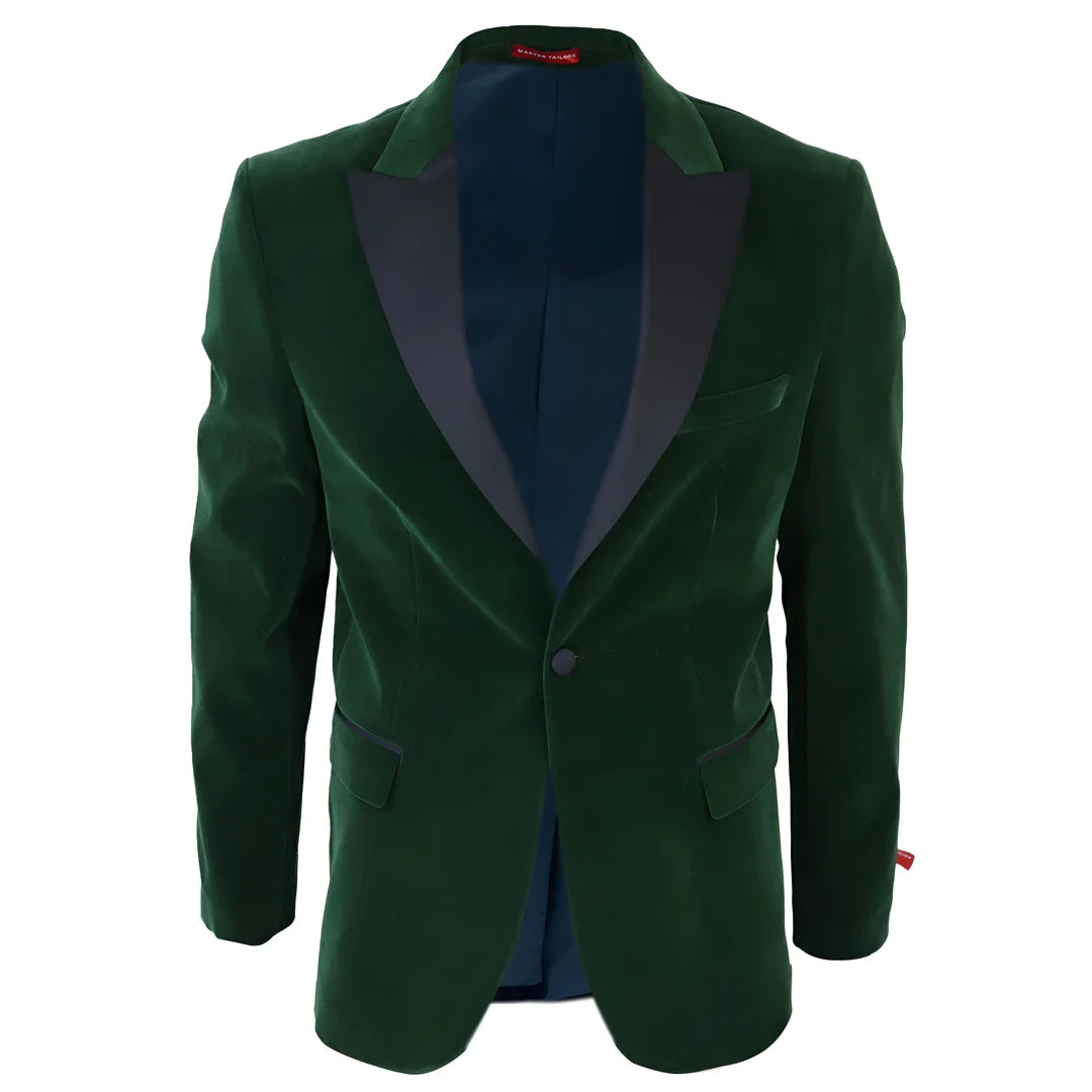 Blazer de esmoquin de terciopelo verde para hombre con solapas de satén, ideal para cenas, bodas y graduaciones. Traje de etiqueta.