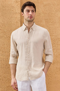 Camisa de hombre de lino puro color beige, manga larga, con botones, ideal para el verano.