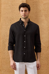 Camisa de hombre negra de lino puro, manga larga, con botones, ideal para el verano.