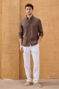 Camisa de hombre de lino puro color marrón oscuro, manga larga, con botones, ideal para el verano.