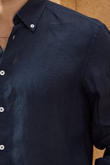 Camisa de hombre azul marino de lino puro, manga larga, con botones, ideal para el verano.