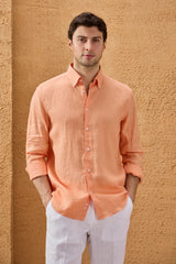 Camisa de hombre de lino puro color naranja, manga larga, con botones, ideal para el verano.