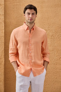 Camisa de hombre de lino puro color naranja, manga larga, con botones, ideal para el verano.