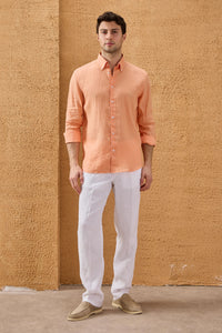 Camisa de hombre de lino puro color naranja, manga larga, con botones, ideal para el verano.