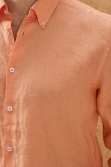 Camisa de hombre de lino puro color naranja, manga larga, con botones, ideal para el verano.