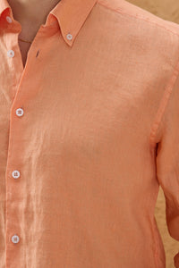 Camisa de hombre de lino puro color naranja, manga larga, con botones, ideal para el verano.