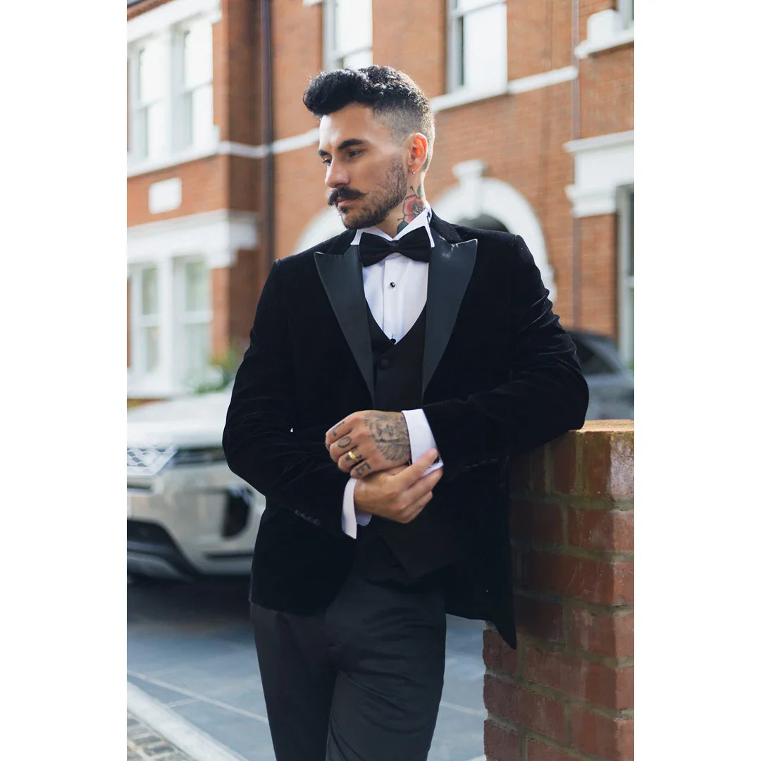 Blazer de esmoquin negro de terciopelo para hombre con solapas de satén para cena, boda o baile de graduación. Etiqueta negra.