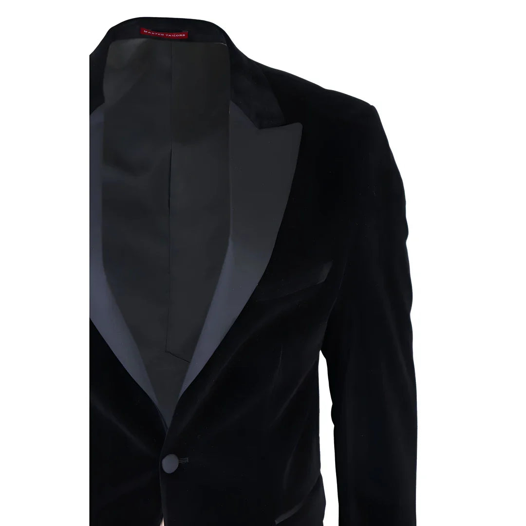 Blazer de esmoquin negro de terciopelo para hombre con solapas de satén para cena, boda o baile de graduación. Etiqueta negra.