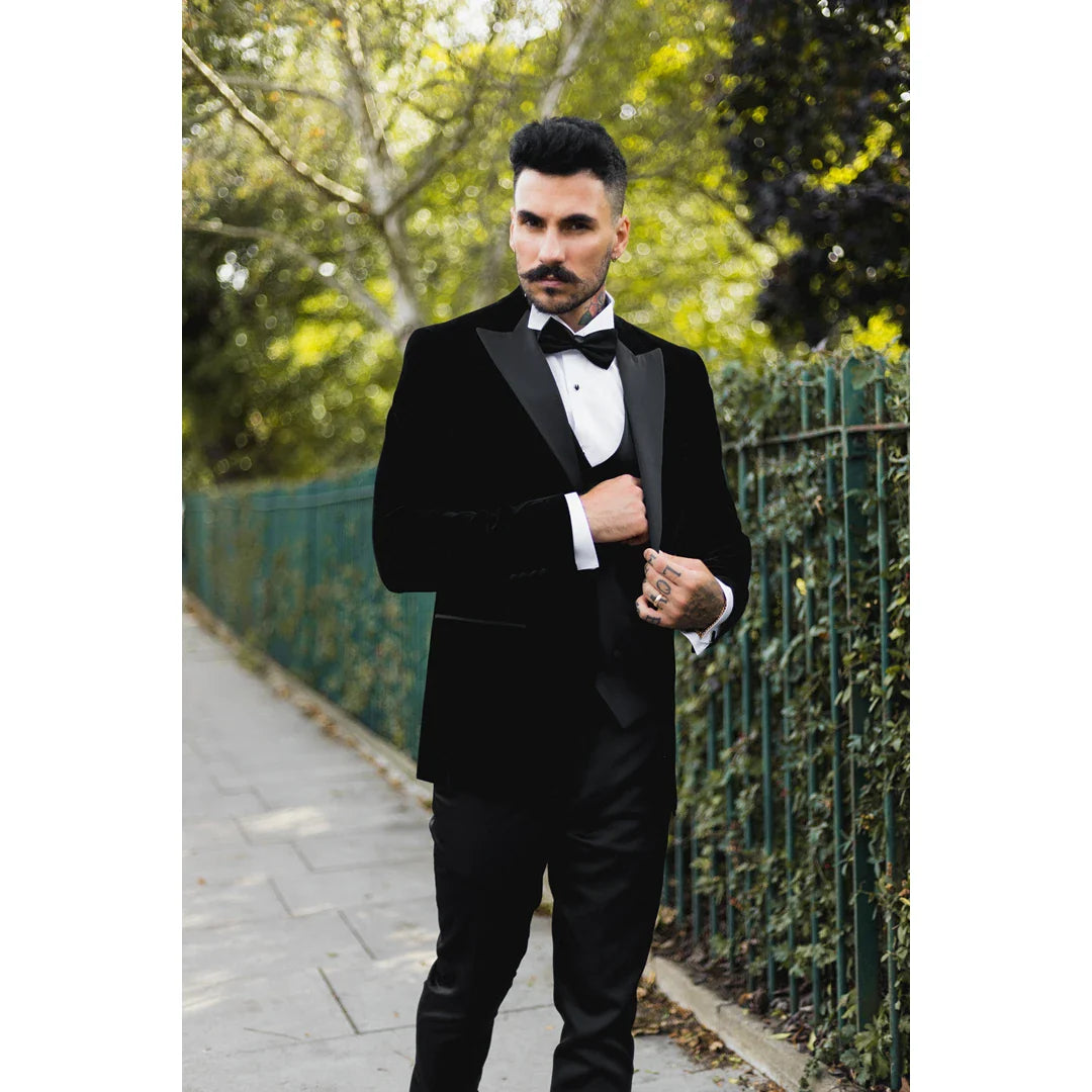 Blazer de esmoquin negro de terciopelo para hombre con solapas de satén para cena, boda o baile de graduación. Etiqueta negra.
