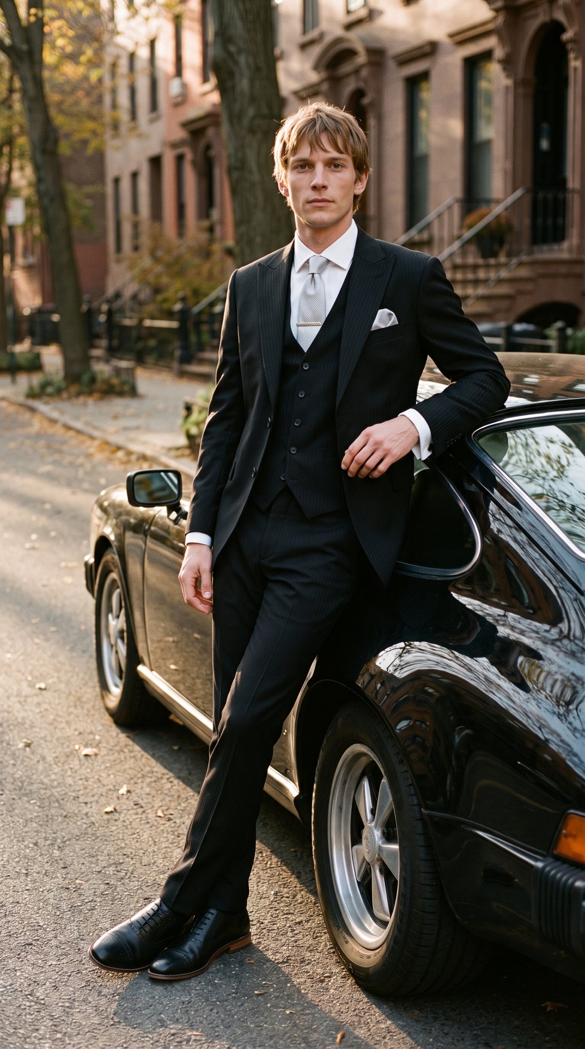 Look #819 styled with Roberto - Traje de tres piezas para hombre, negro, de mezcla de lana con rayas discretas.