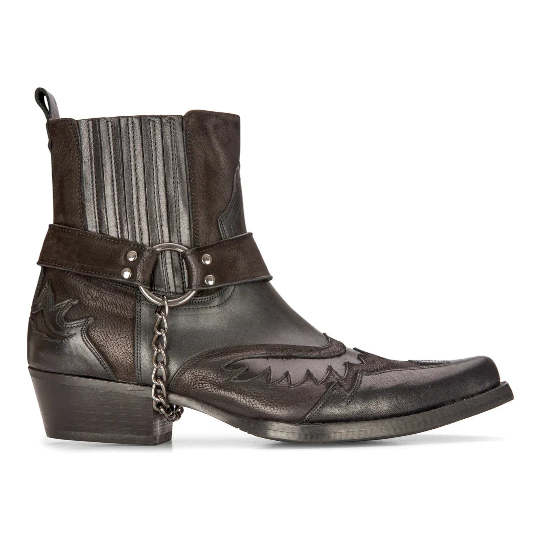 Botas vaqueras negras de estilo western para hombre, estilo vintage, con punta, de caballero, hasta el tobillo, de estilo campestre, de cuero auténtico.