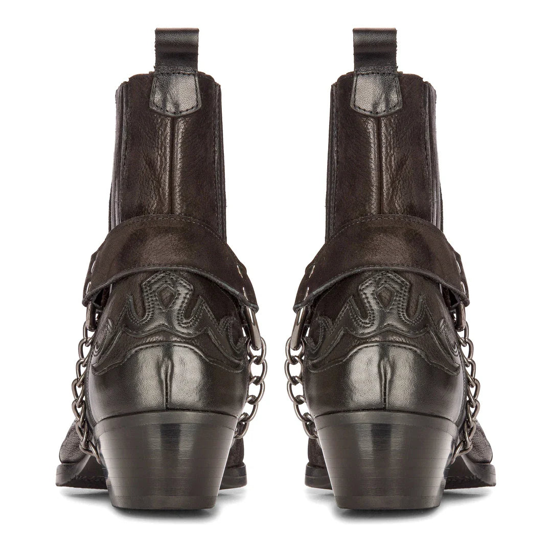 Botas vaqueras negras de estilo western para hombre, estilo vintage, con punta, de caballero, hasta el tobillo, de estilo campestre, de cuero auténtico.