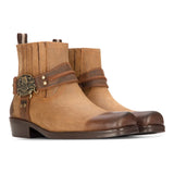 Botas vaqueras de hombre de estilo western, color marrón claro, con punta cuadrada, ideales para la caza, el senderismo y montar a caballo.