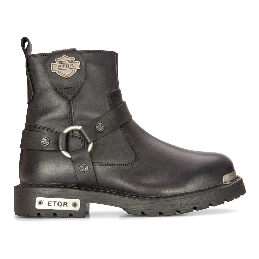 Botas de moto de cuero negro para hombre, estilo western rock punk, con puntera metálica.